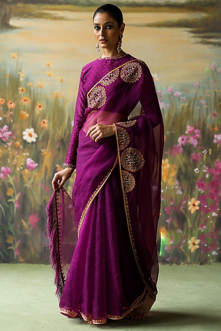 Aubergine Silk Organza Thread Hand Embroidered Saree Set by Shikha Mehta at Pernia's Pop Up Shop