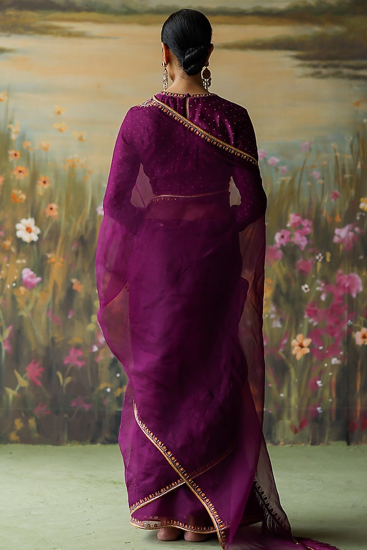 Aubergine Silk Organza Thread Hand Embroidered Wedding Saree Set by Shikha Mehta at Pernia's Pop Up Shop