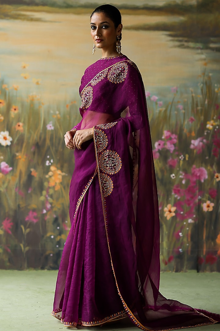 Aubergine Silk Organza Thread Hand Embroidered Wedding Saree Set by Shikha Mehta at Pernia's Pop Up Shop