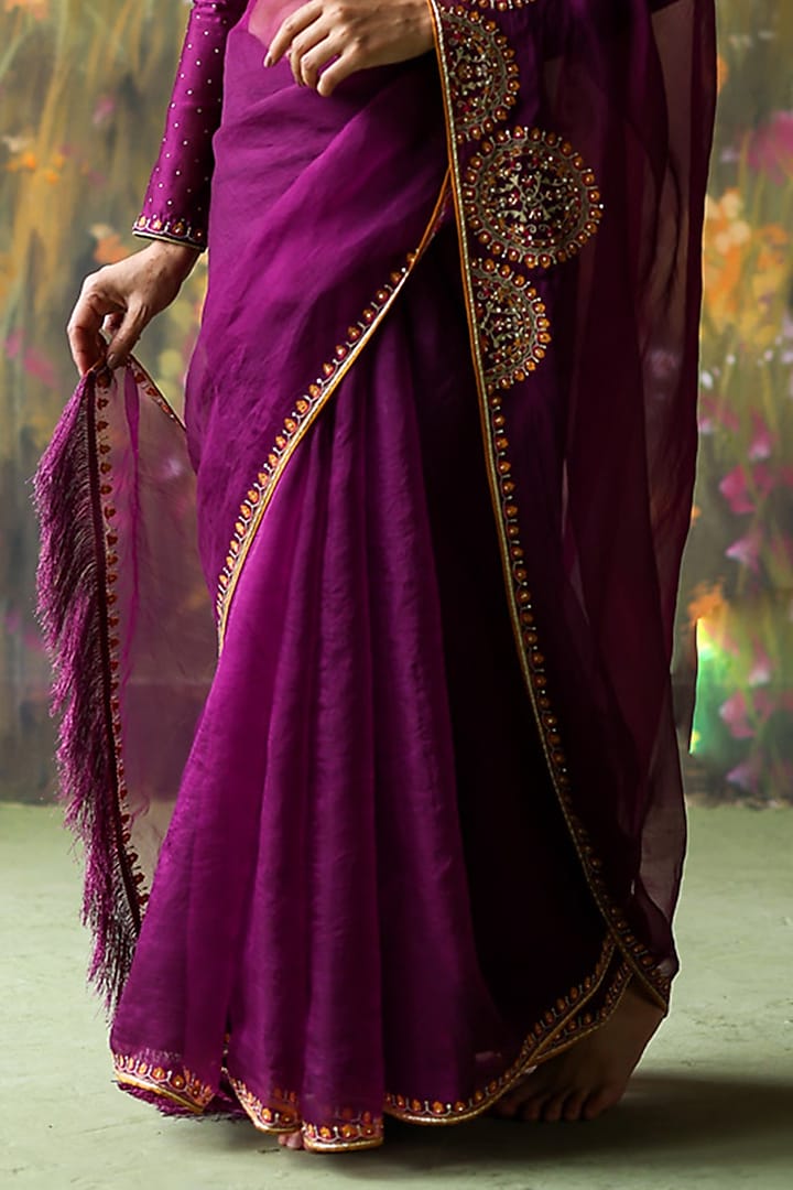 Aubergine Silk Organza Thread Hand Embroidered Wedding Saree Set by Shikha Mehta at Pernia's Pop Up Shop