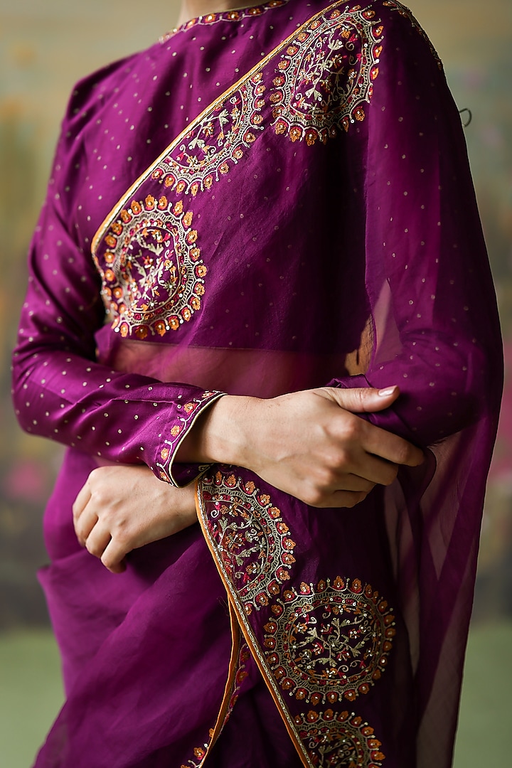 Aubergine Silk Organza Thread Hand Embroidered Wedding Saree Set by Shikha Mehta at Pernia's Pop Up Shop