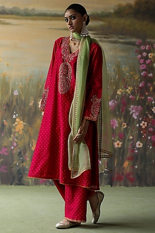 Scarlet Red Silk Chanderi Printed & Embroidered Kalidar Kurta Set by Shikha Mehta