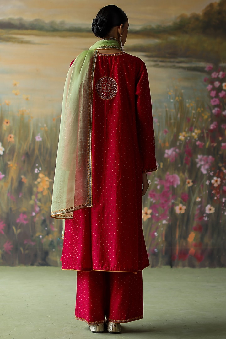 Scarlet Red Silk Chanderi Printed & Embroidered Kalidar Kurta Set by Shikha Mehta at Pernia's Pop Up Shop