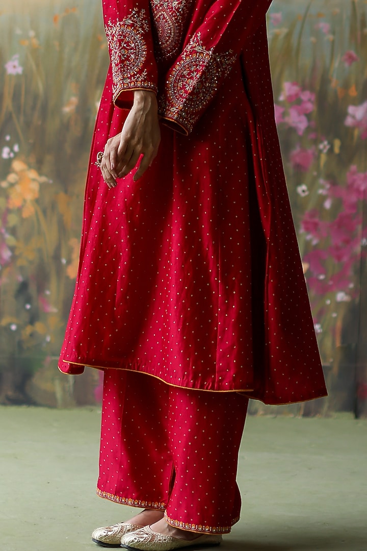 Scarlet Red Silk Chanderi Printed & Embroidered Kalidar Kurta Set by Shikha Mehta at Pernia's Pop Up Shop