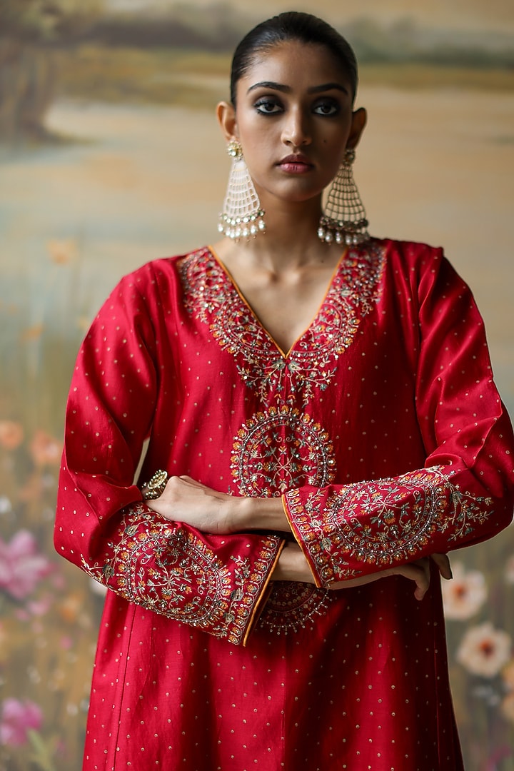 Scarlet Red Silk Chanderi Printed & Embroidered Kalidar Kurta Set by Shikha Mehta at Pernia's Pop Up Shop