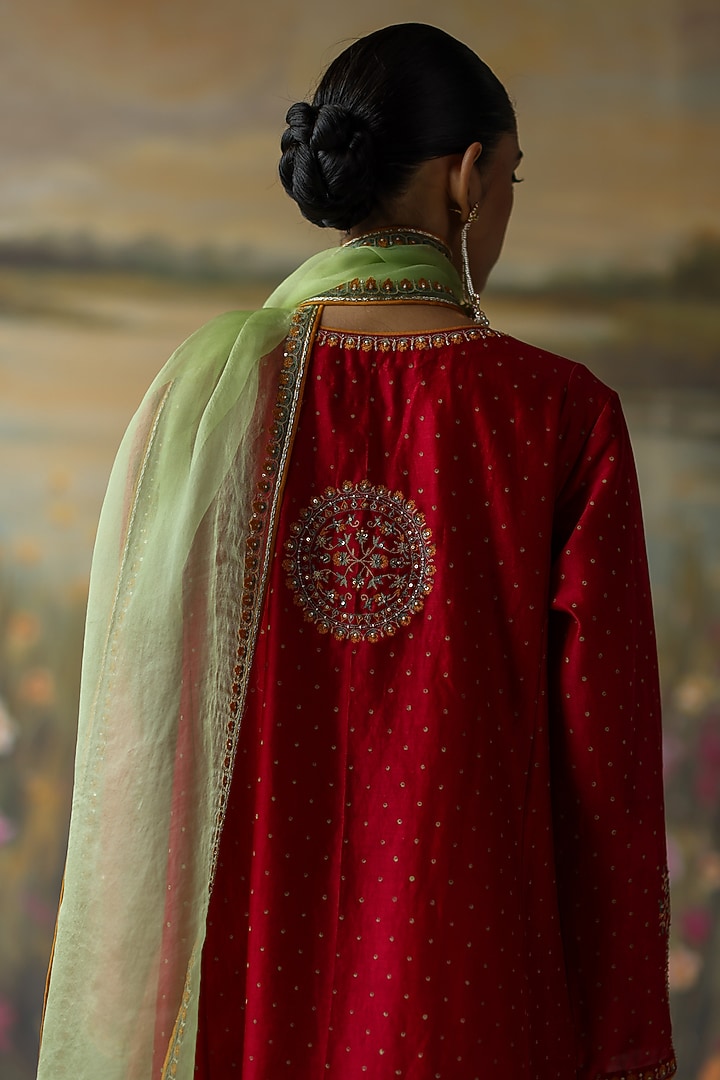 Scarlet Red Silk Chanderi Printed & Embroidered Kalidar Kurta Set by Shikha Mehta at Pernia's Pop Up Shop