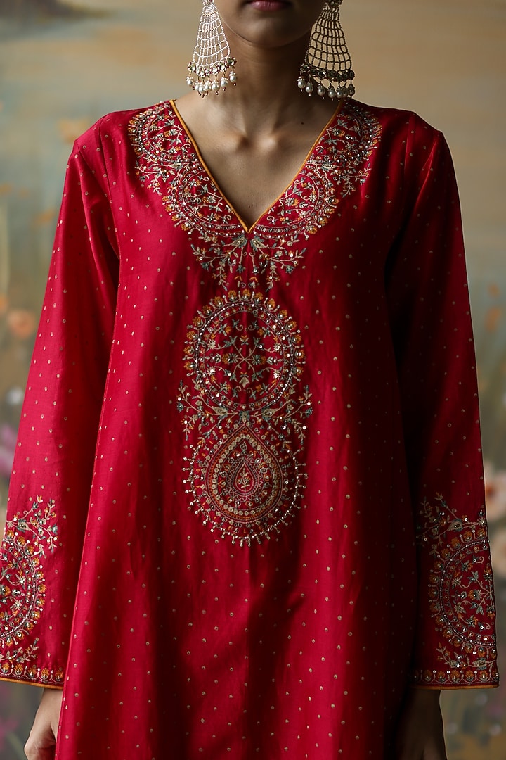 Scarlet Red Silk Chanderi Printed & Embroidered Kalidar Kurta Set by Shikha Mehta at Pernia's Pop Up Shop