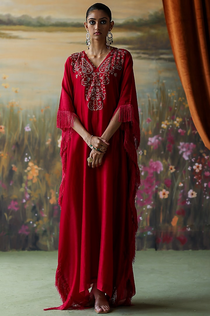 Scarlet Red Silk Chanderi Thread Hand Embroidered Kaftan by Shikha Mehta at Pernia's Pop Up Shop