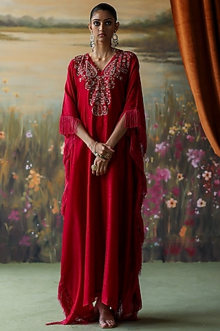 Scarlet Red Silk Chanderi Thread Hand Embroidered Kaftan by Shikha Mehta