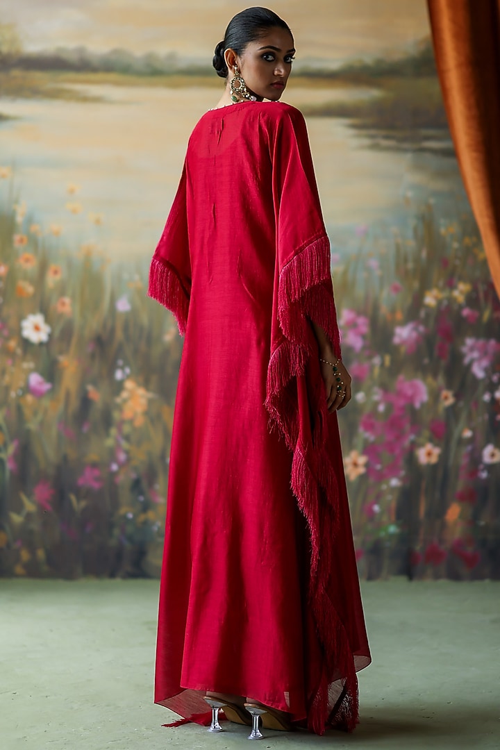 Scarlet Red Silk Chanderi Thread Hand Embroidered Kaftan by Shikha Mehta at Pernia's Pop Up Shop