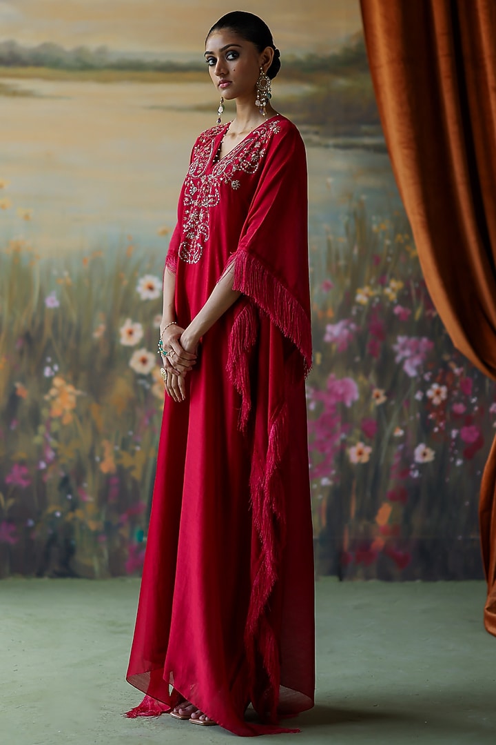 Scarlet Red Silk Chanderi Thread Hand Embroidered Kaftan by Shikha Mehta at Pernia's Pop Up Shop