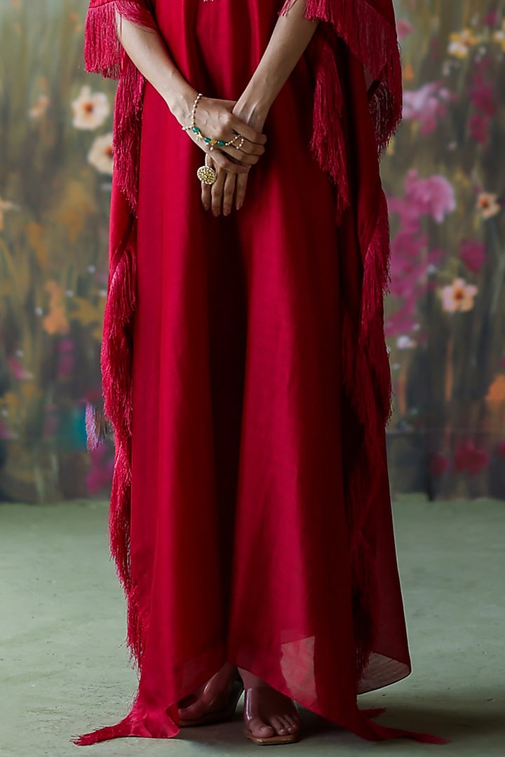Scarlet Red Silk Chanderi Thread Hand Embroidered Kaftan by Shikha Mehta at Pernia's Pop Up Shop