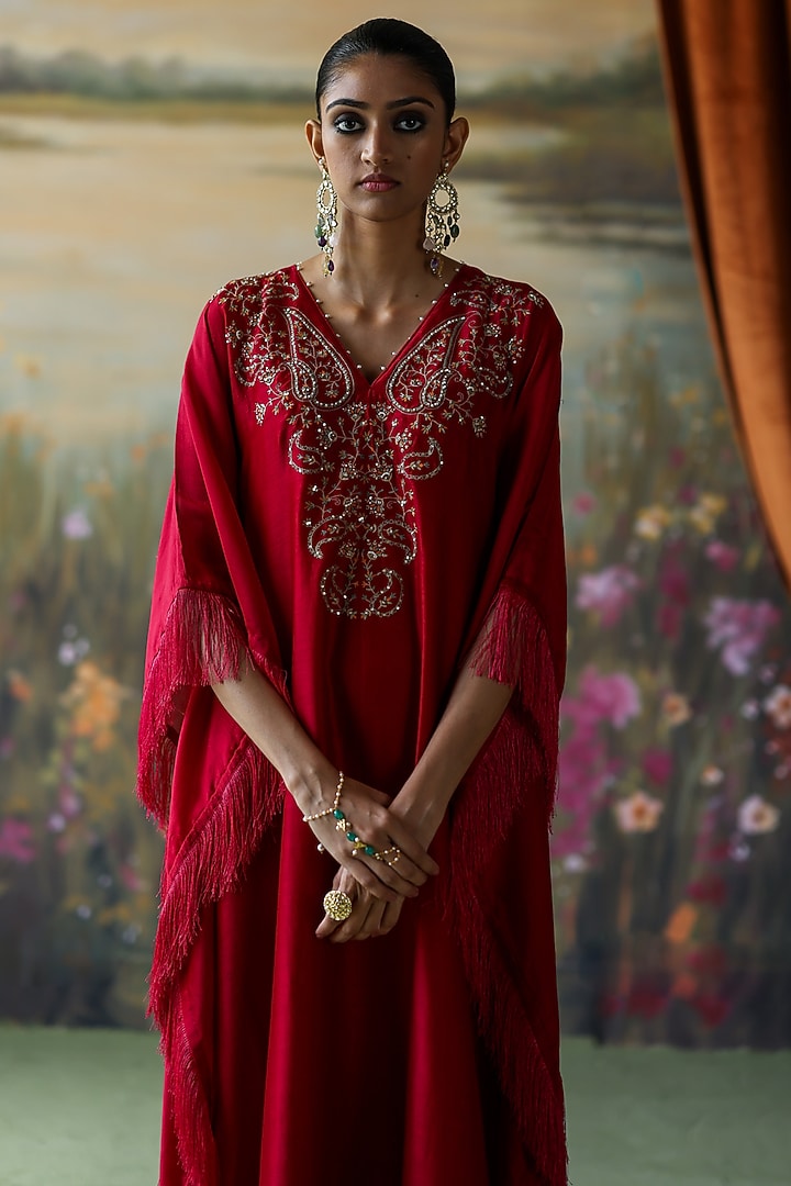 Scarlet Red Silk Chanderi Thread Hand Embroidered Kaftan by Shikha Mehta at Pernia's Pop Up Shop