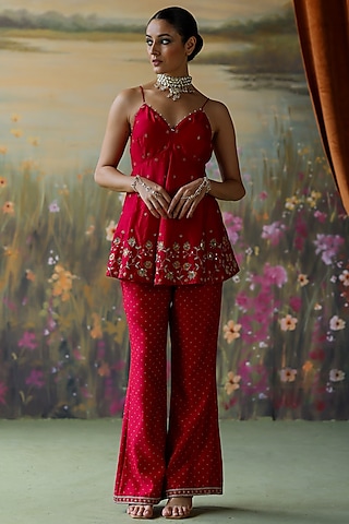 Scarlet Red Silk Chanderi Thread Hand Embroidered Co-Ord Set by Shikha Mehta