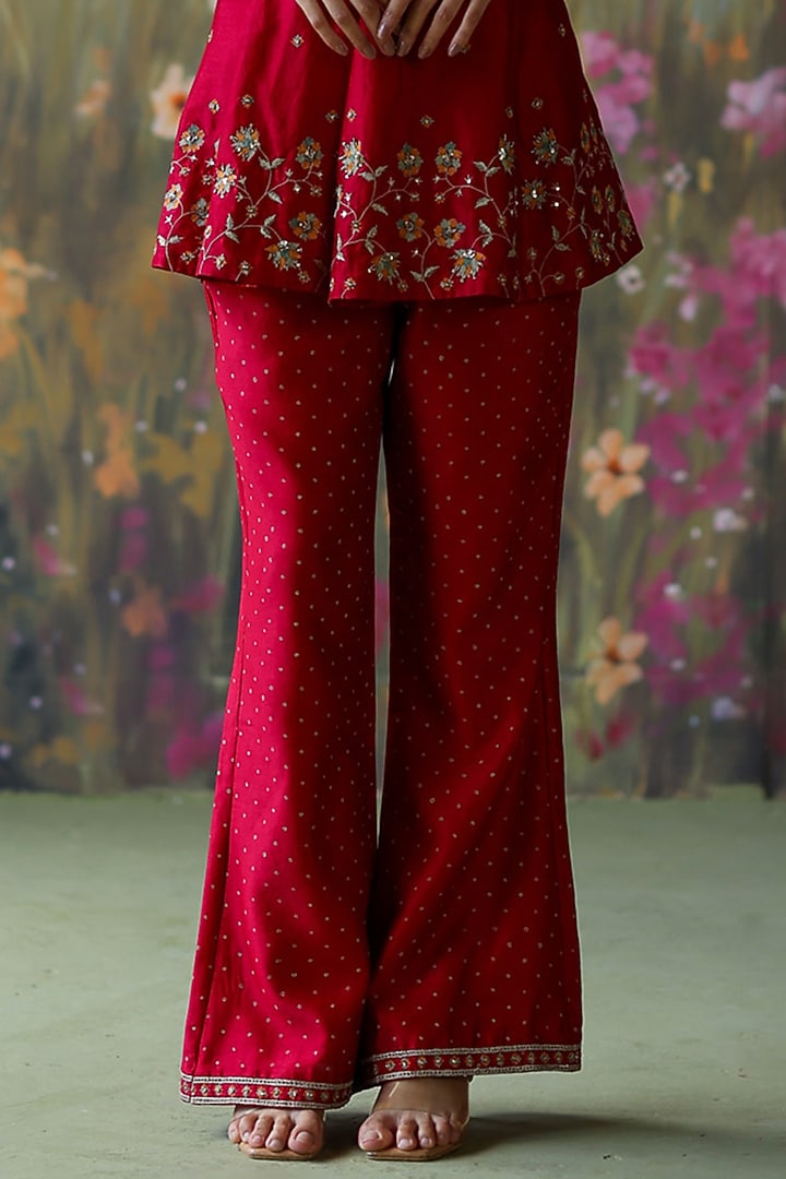 Scarlet Red Silk Chanderi Thread Hand Embroidered Co-Ord Set by Shikha Mehta at Pernia's Pop Up Shop