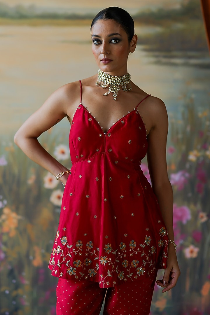 Scarlet Red Silk Chanderi Thread Hand Embroidered Co-Ord Set by Shikha Mehta at Pernia's Pop Up Shop