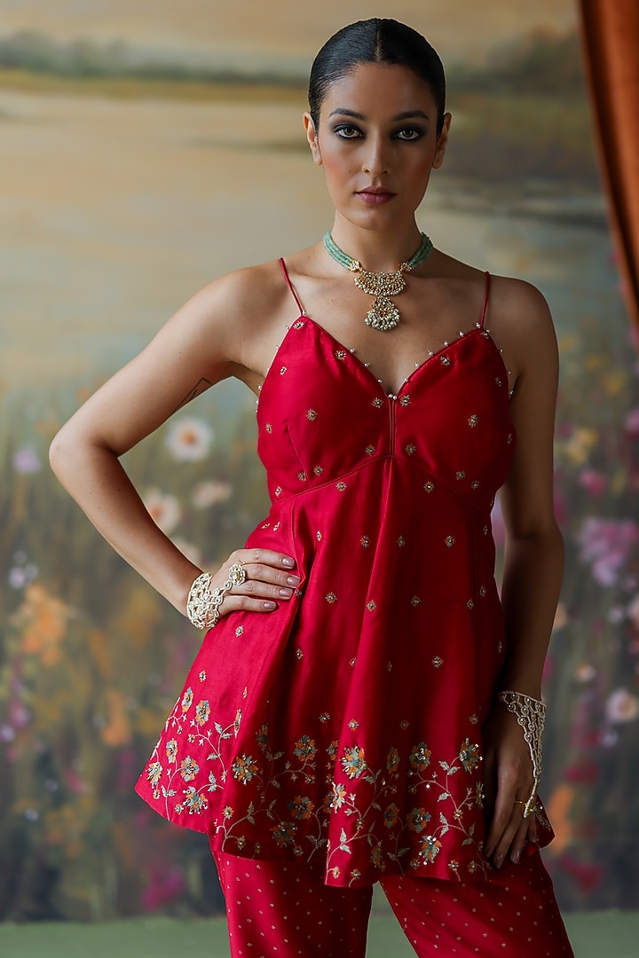 Scarlet Red Silk Chanderi Thread Hand Embroidered Co-Ord Set by Shikha Mehta at Pernia's Pop Up Shop