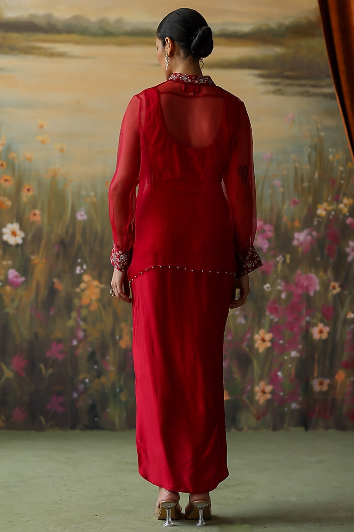 Scarlet Red Silk Organza Skirt Set by Shikha Mehta at Pernia's Pop Up Shop