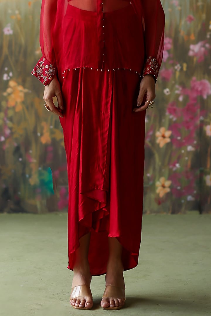 Scarlet Red Silk Organza Skirt Set by Shikha Mehta at Pernia's Pop Up Shop