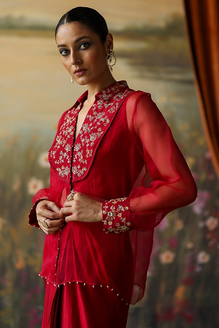 Scarlet Red Silk Organza Skirt Set by Shikha Mehta at Pernia's Pop Up Shop
