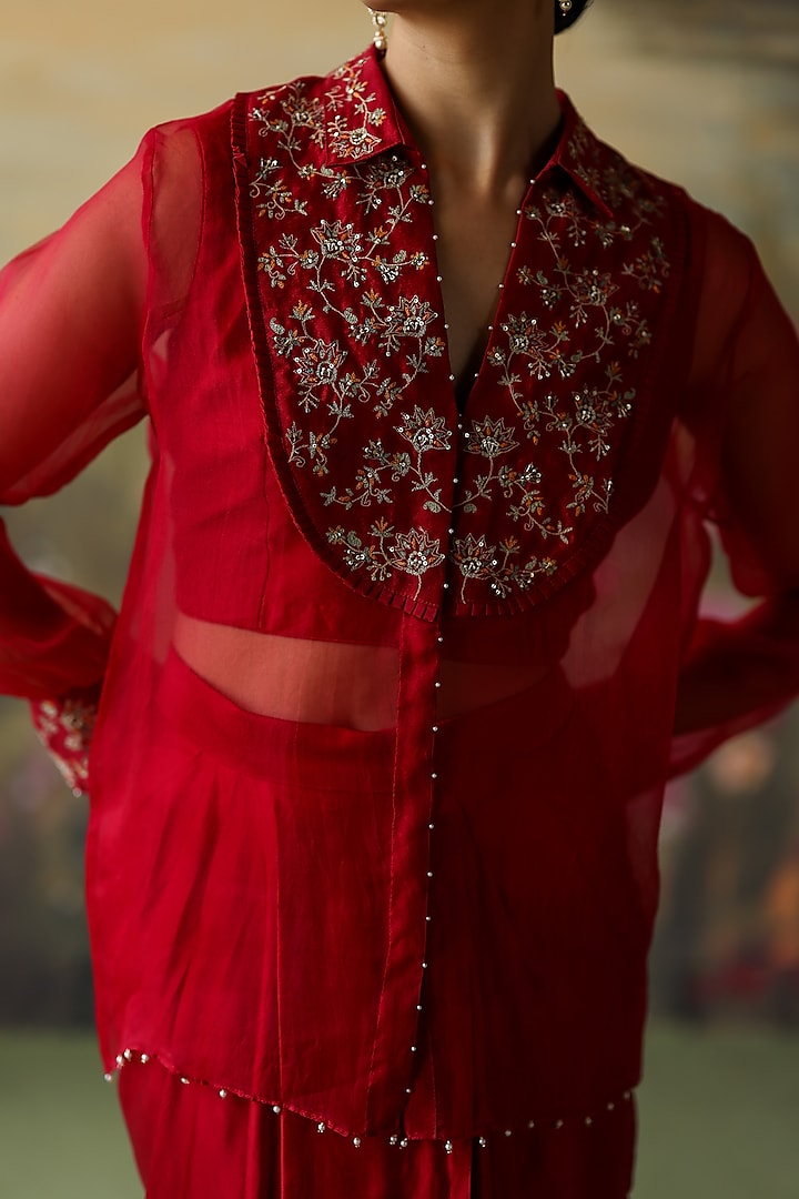 Scarlet Red Silk Organza Skirt Set by Shikha Mehta at Pernia's Pop Up Shop