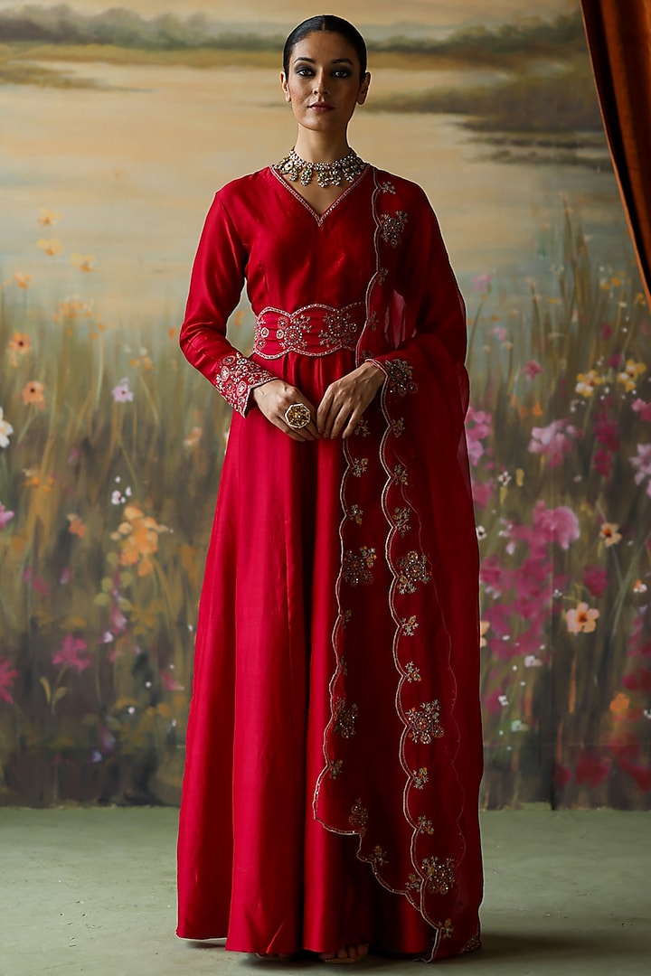 Scarlet Red Silk Chanderi Thread Hand Embroidered Anarkali Set by Shikha Mehta