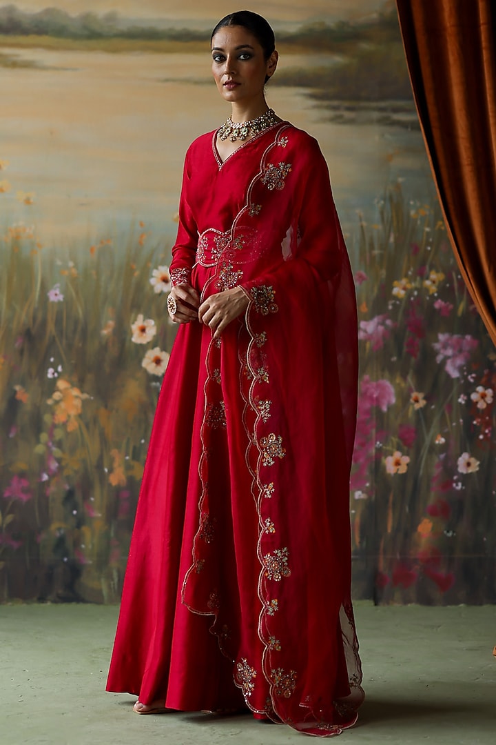 Scarlet Red Silk Chanderi Thread Hand Embroidered Wedding Anarkali Set by Shikha Mehta at Pernia's Pop Up Shop