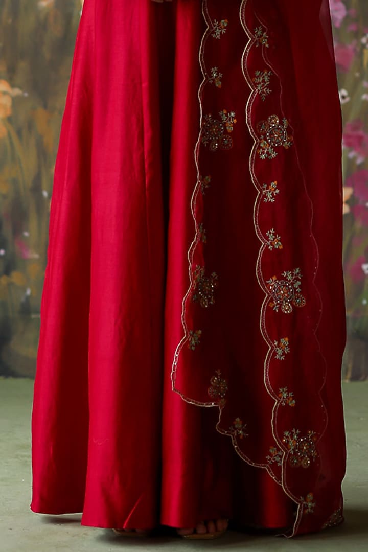 Scarlet Red Silk Chanderi Thread Hand Embroidered Wedding Anarkali Set by Shikha Mehta at Pernia's Pop Up Shop