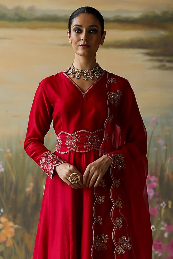 Scarlet Red Silk Chanderi Thread Hand Embroidered Wedding Anarkali Set by Shikha Mehta at Pernia's Pop Up Shop