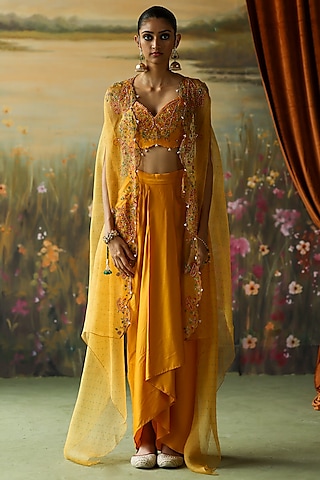 Turmeric Yellow Silk Organza Thread Hand Embroidered Cape Set by Shikha Mehta