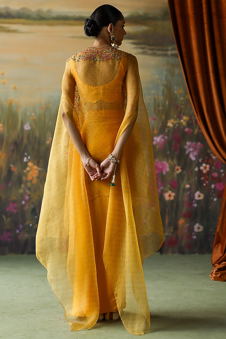 Turmeric Yellow Silk Organza Thread Hand Embroidered Cape Set by Shikha Mehta at Pernia's Pop Up Shop