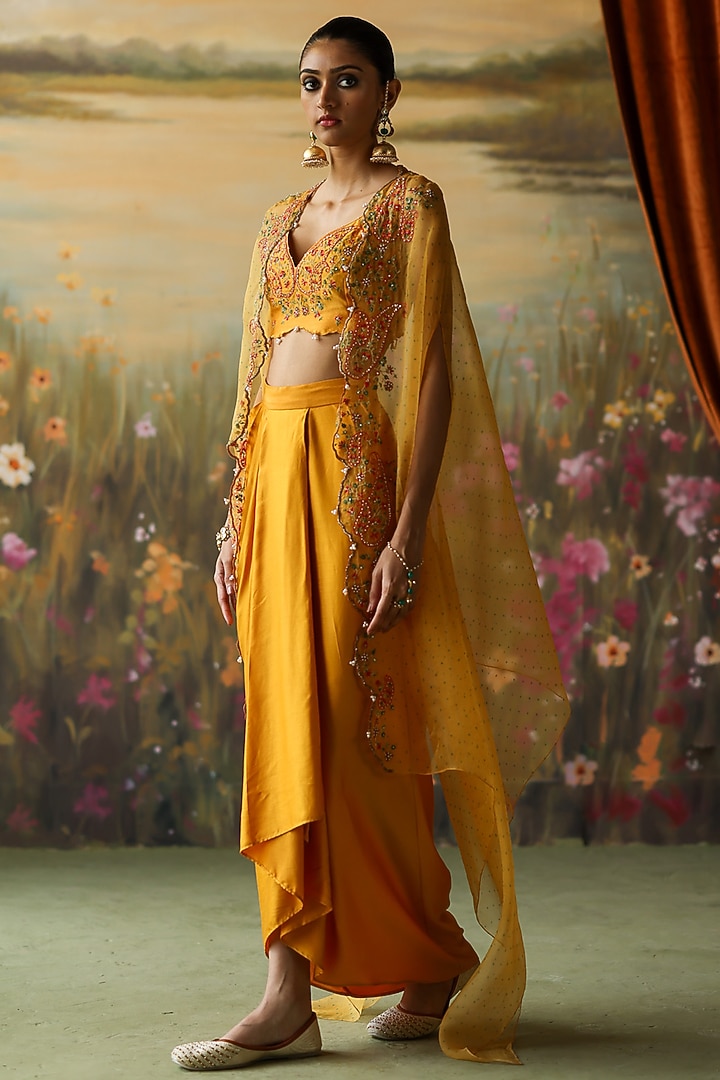 Turmeric Yellow Silk Organza Thread Hand Embroidered Cape Set by Shikha Mehta at Pernia's Pop Up Shop