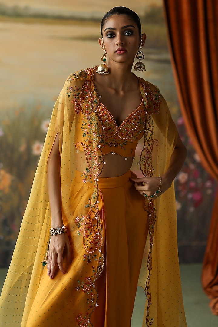 Turmeric Yellow Silk Organza Thread Hand Embroidered Cape Set by Shikha Mehta at Pernia's Pop Up Shop