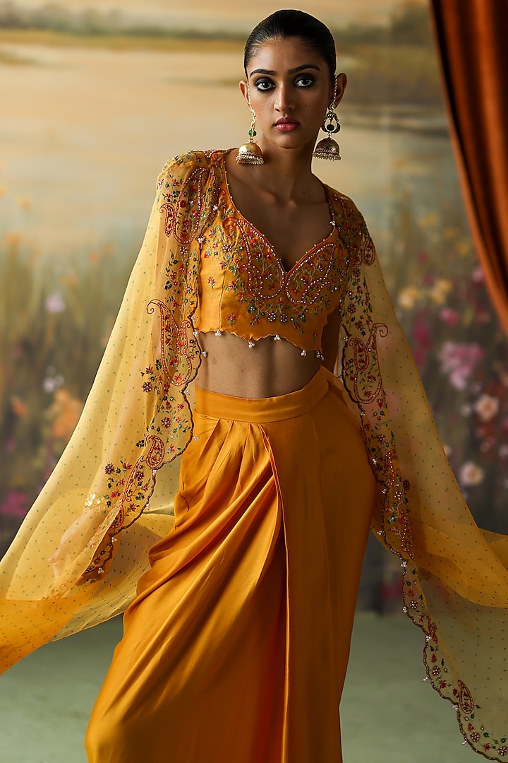 Turmeric Yellow Silk Organza Thread Hand Embroidered Cape Set by Shikha Mehta at Pernia's Pop Up Shop
