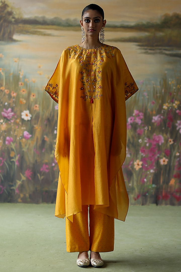 Turmeric Yellow Silk Chanderi Thread Hand Embroidered Kaftan Set by Shikha Mehta at Pernia's Pop Up Shop