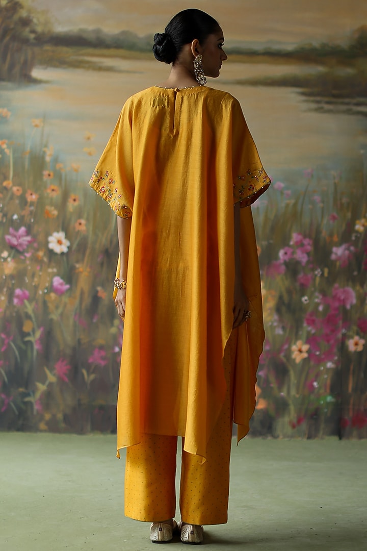 Turmeric Yellow Silk Chanderi Thread Hand Embroidered Kaftan Set by Shikha Mehta at Pernia's Pop Up Shop