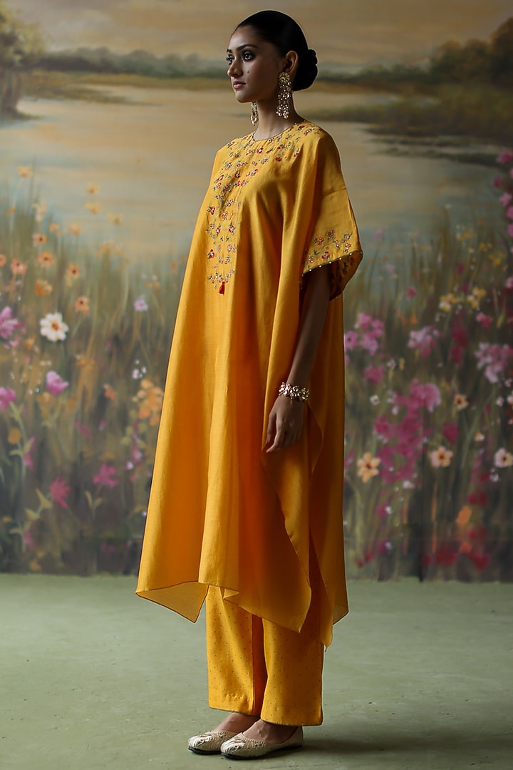 Turmeric Yellow Silk Chanderi Thread Hand Embroidered Kaftan Set by Shikha Mehta at Pernia's Pop Up Shop