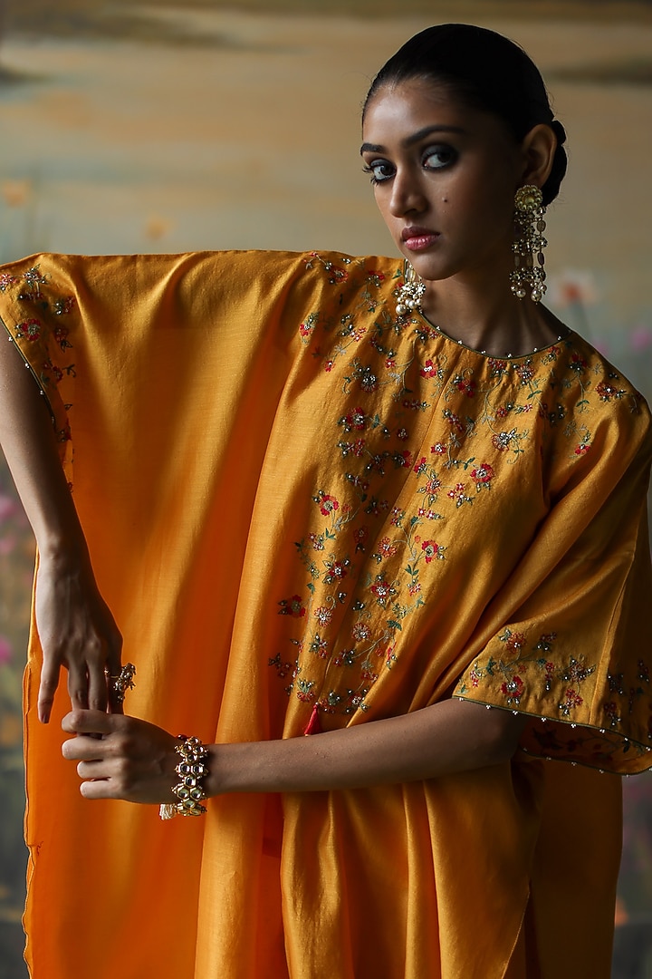 Turmeric Yellow Silk Chanderi Thread Hand Embroidered Kaftan Set by Shikha Mehta at Pernia's Pop Up Shop