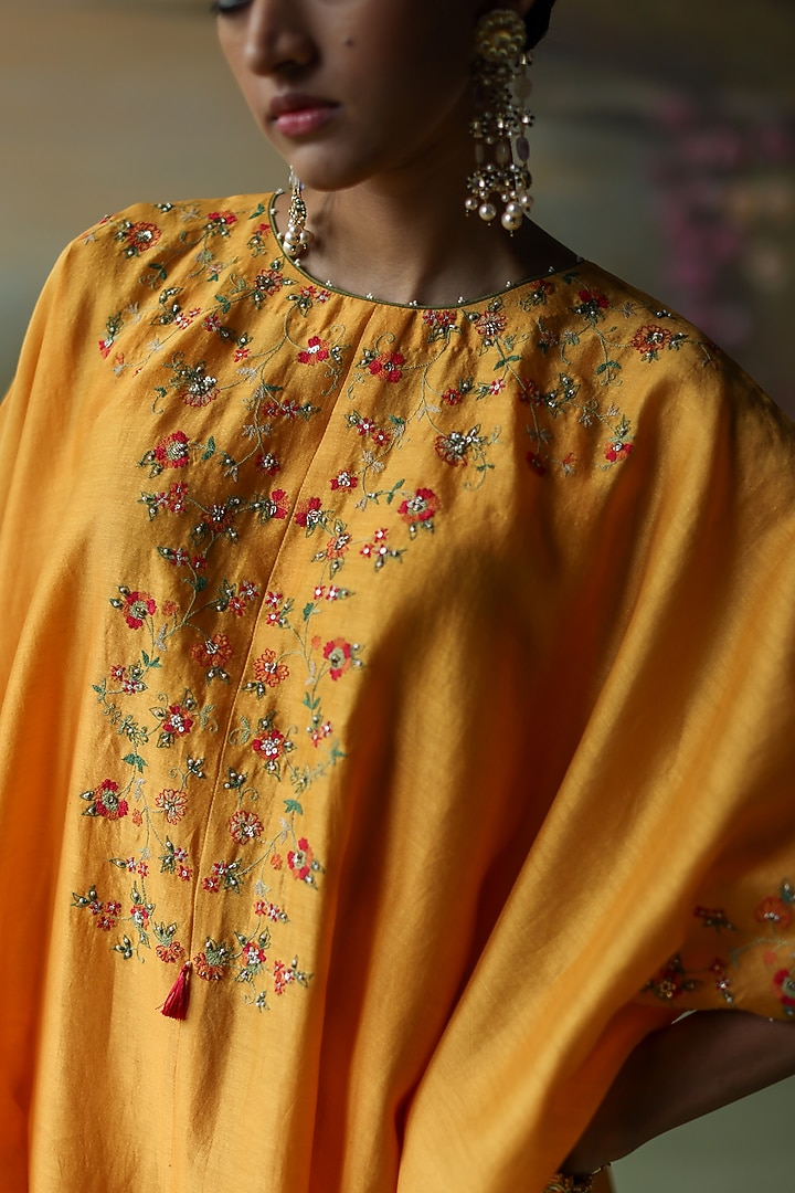 Turmeric Yellow Silk Chanderi Thread Hand Embroidered Kaftan Set by Shikha Mehta at Pernia's Pop Up Shop