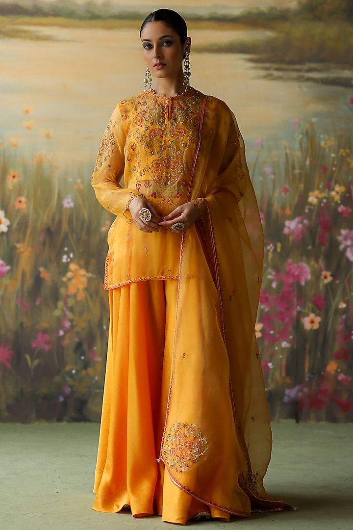 Turmeric Yellow Silk Organza Sharara Set by Shikha Mehta at Pernia's Pop Up Shop