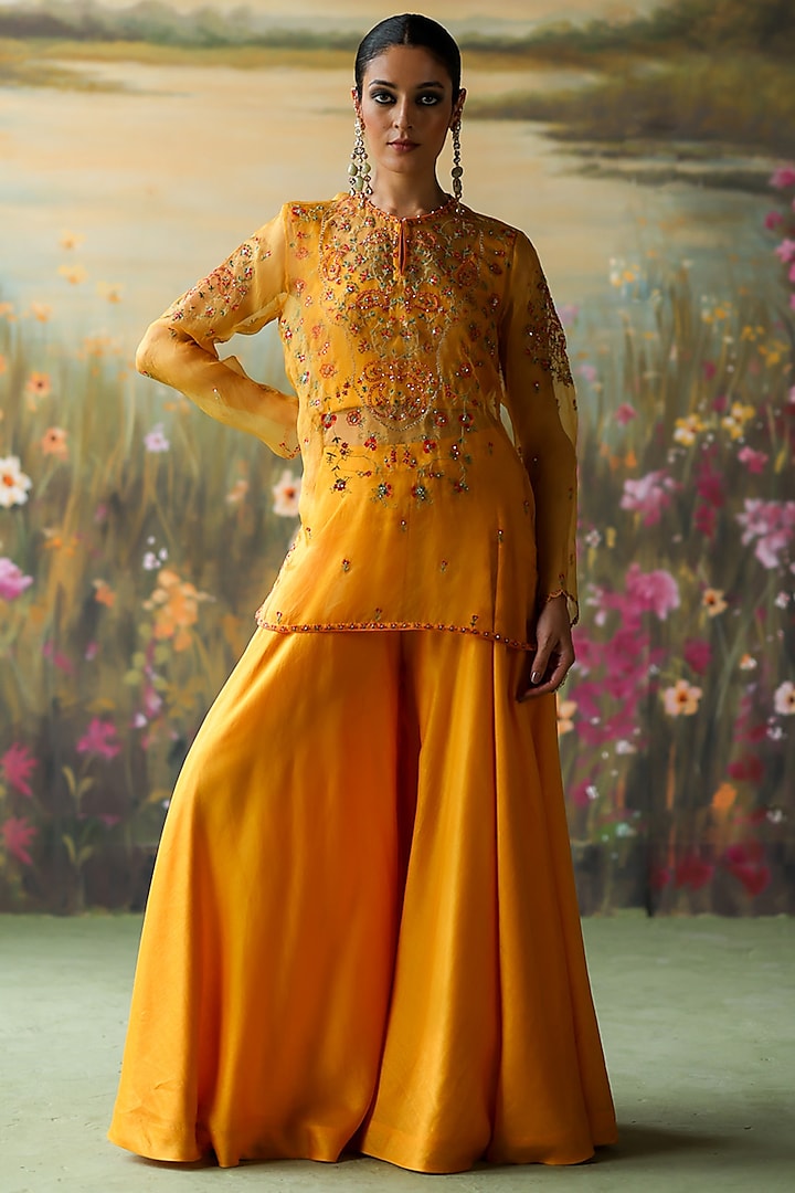 Turmeric Yellow Silk Organza Wedding Sharara Set by Shikha Mehta at Pernia's Pop Up Shop