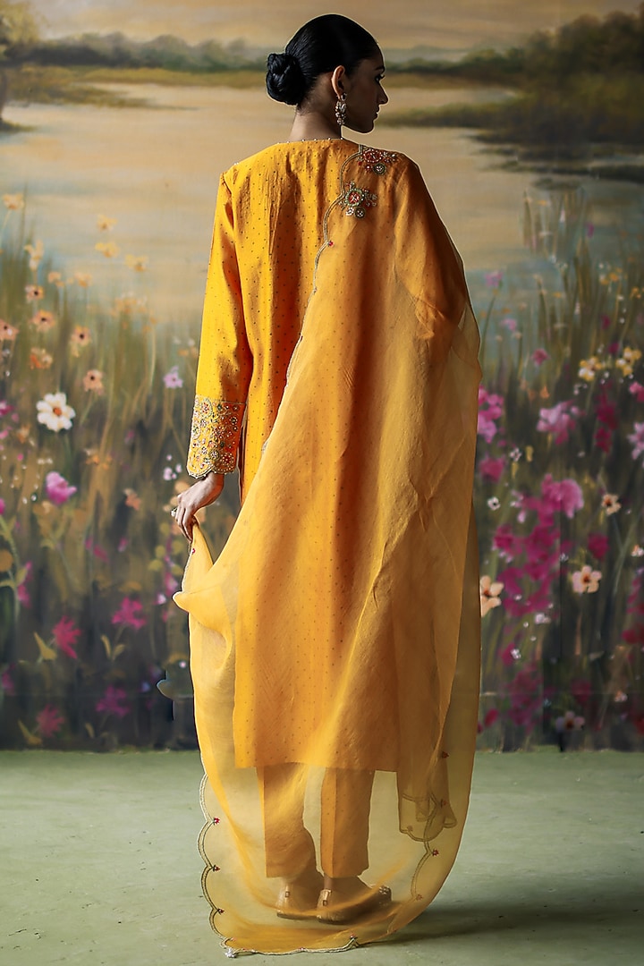 Turmeric Yellow Silk Chanderi Printed & Embroidered Kurta Set by Shikha Mehta at Pernia's Pop Up Shop