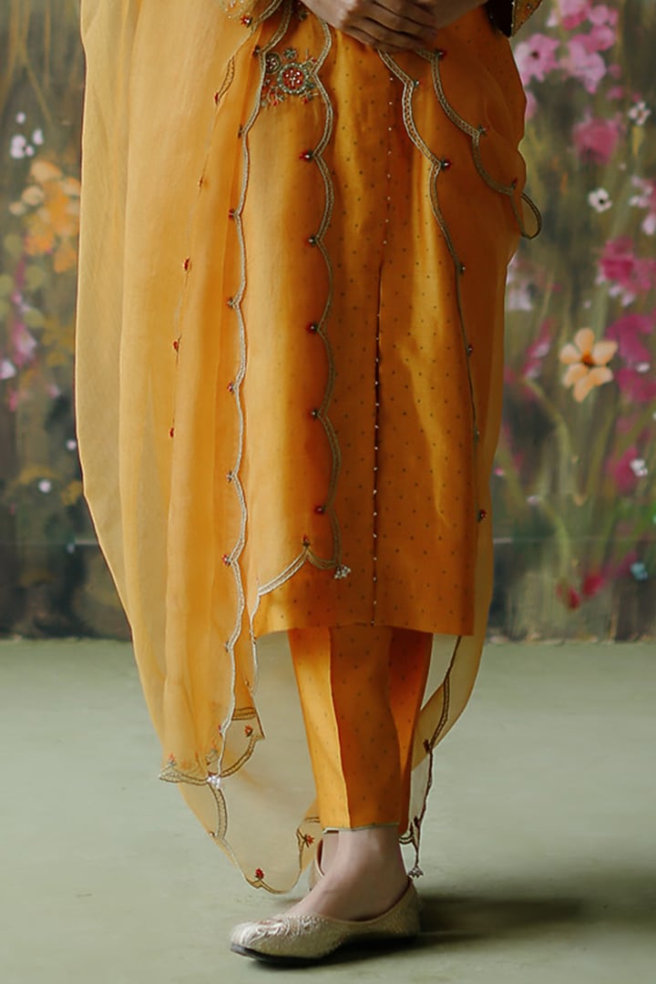 Turmeric Yellow Silk Chanderi Printed & Embroidered Kurta Set by Shikha Mehta at Pernia's Pop Up Shop