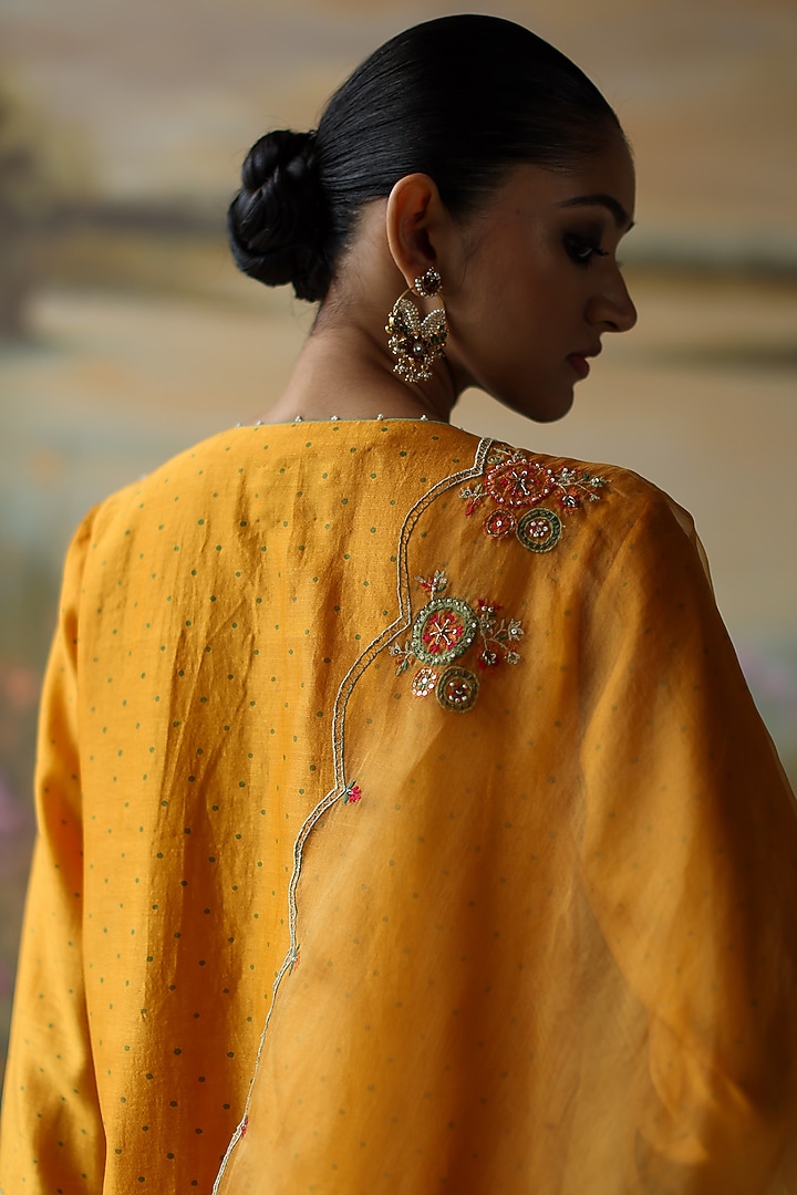 Turmeric Yellow Silk Chanderi Printed & Embroidered Kurta Set by Shikha Mehta at Pernia's Pop Up Shop