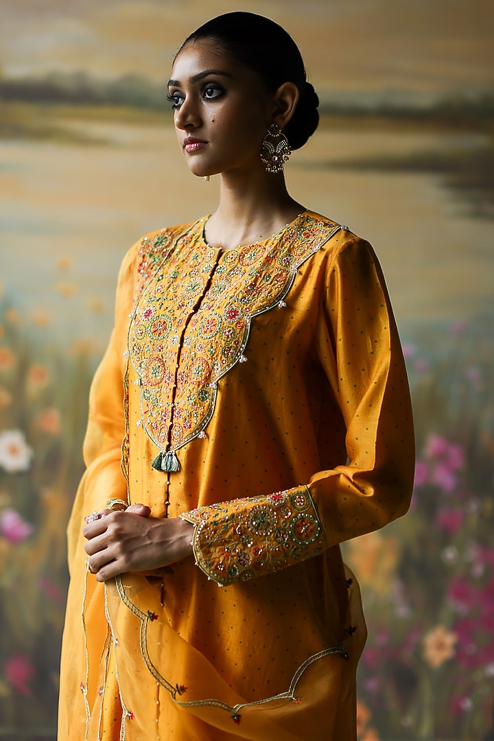 Turmeric Yellow Silk Chanderi Printed & Embroidered Kurta Set by Shikha Mehta at Pernia's Pop Up Shop