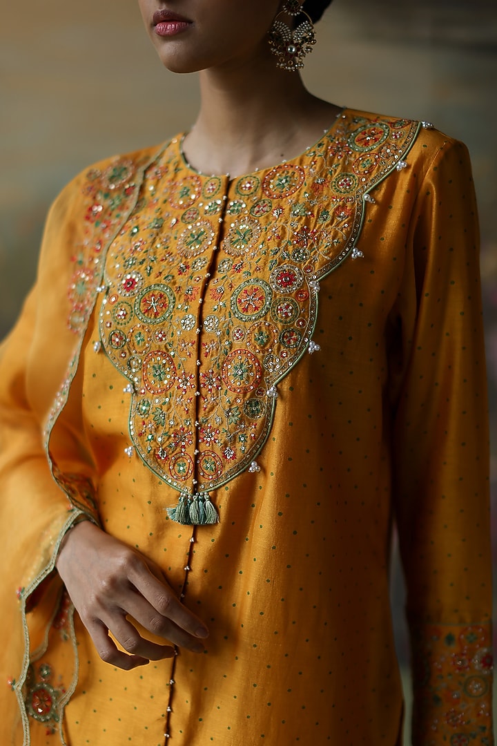 Turmeric Yellow Silk Chanderi Printed & Embroidered Kurta Set by Shikha Mehta at Pernia's Pop Up Shop