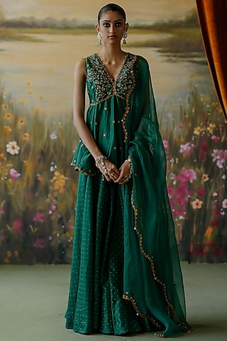 Emerald Green Silk Chanderi Sharara Set by Shikha Mehta