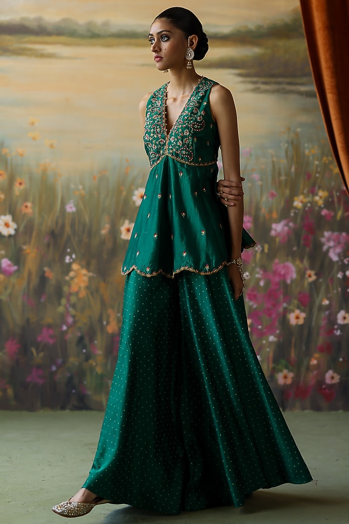 Emerald Green Silk Chanderi Wedding Sharara Set by Shikha Mehta at Pernia's Pop Up Shop
