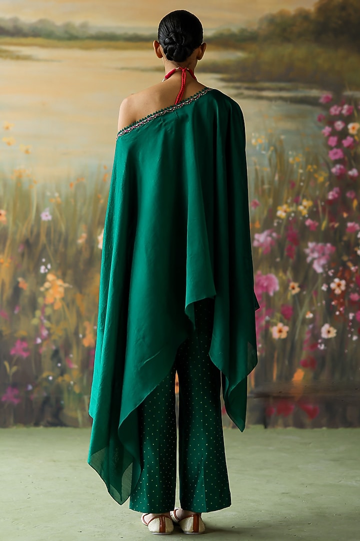 Emerald Green Silk Chanderi Thread Hand Embroidered Kaftan Set by Shikha Mehta at Pernia's Pop Up Shop