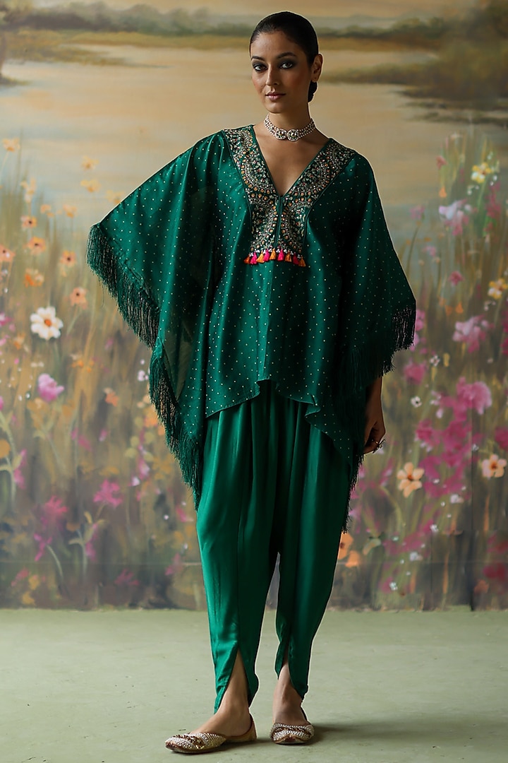 Emerald Green Silk Chanderi Thread Hand Embroidered Tunic Set by Shikha Mehta at Pernia's Pop Up Shop